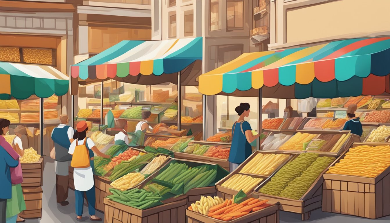 A bustling Italian market with colorful displays of premium penne pasta from various brands. Shoppers examine and compare the different packaging and prices