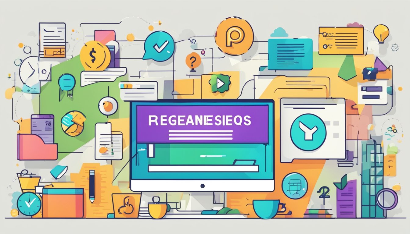 Et fargerikt banner med "Ofte stilte spørsmål" omgitt av ulike ikoner og symboler som representerer markedsføringsstrategier