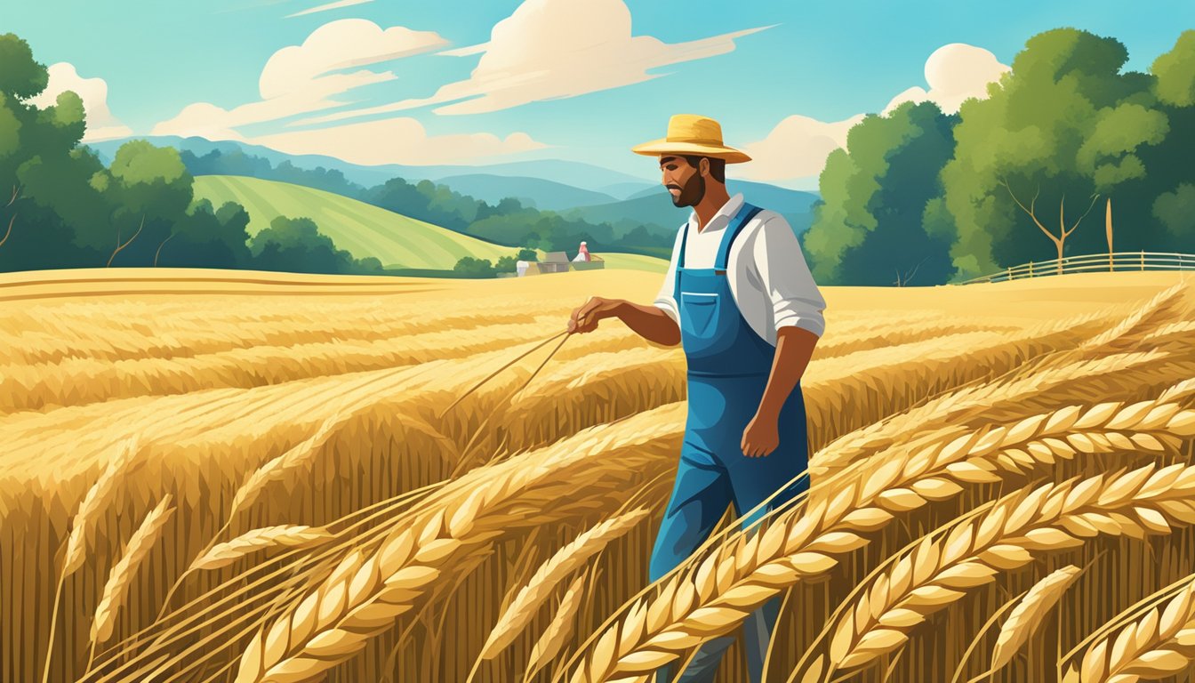 A farmer harvesting organic wheat in a sunlit field, surrounded by lush greenery and clear blue skies