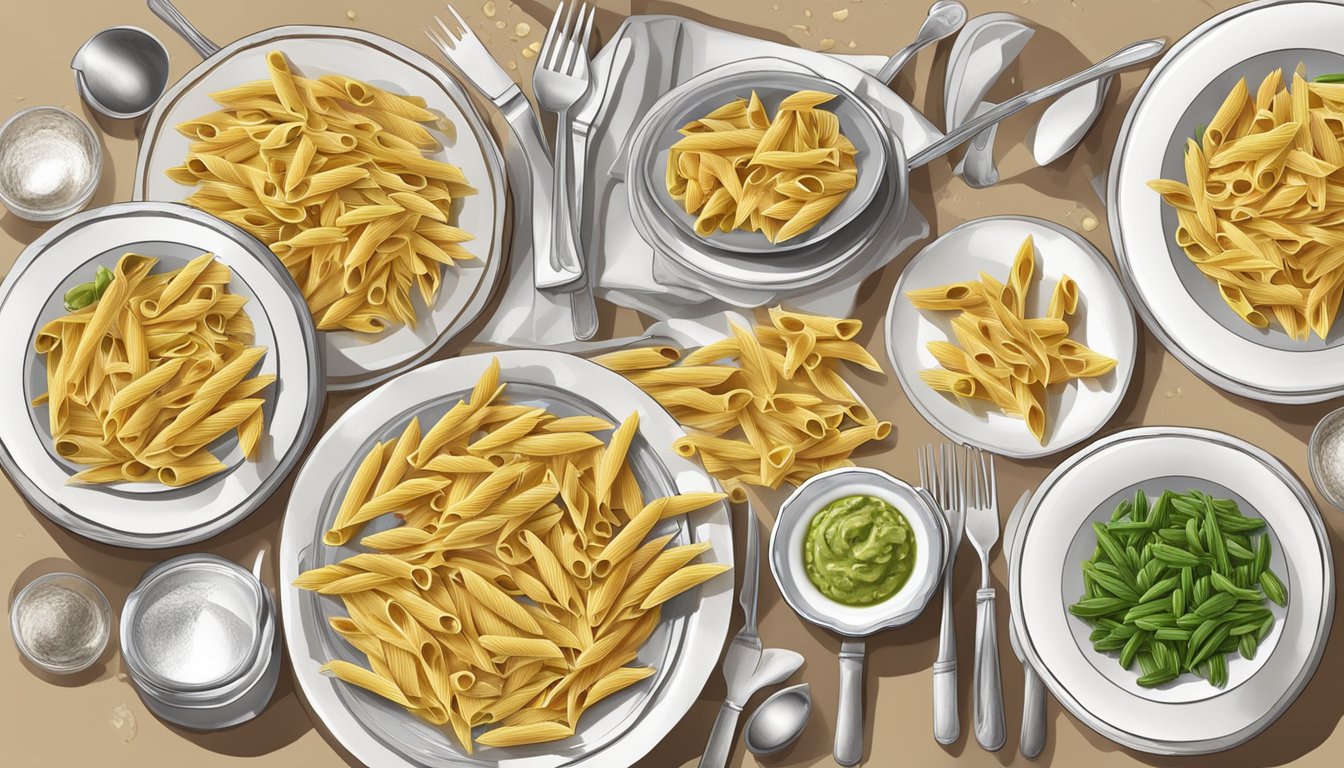 A table set with various brands of penne pasta, surrounded by empty plates and utensils