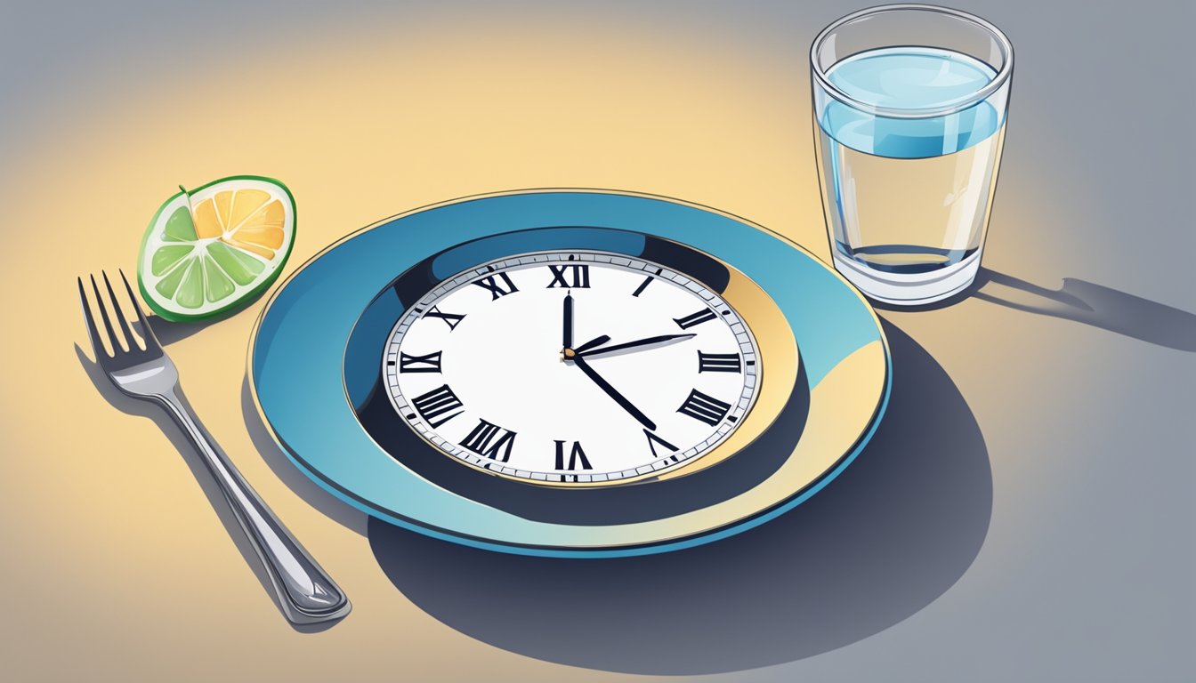 A clock showing 7PM and a clock showing 7AM, with an empty plate and glass of water in between, symbolizing overnight fasting