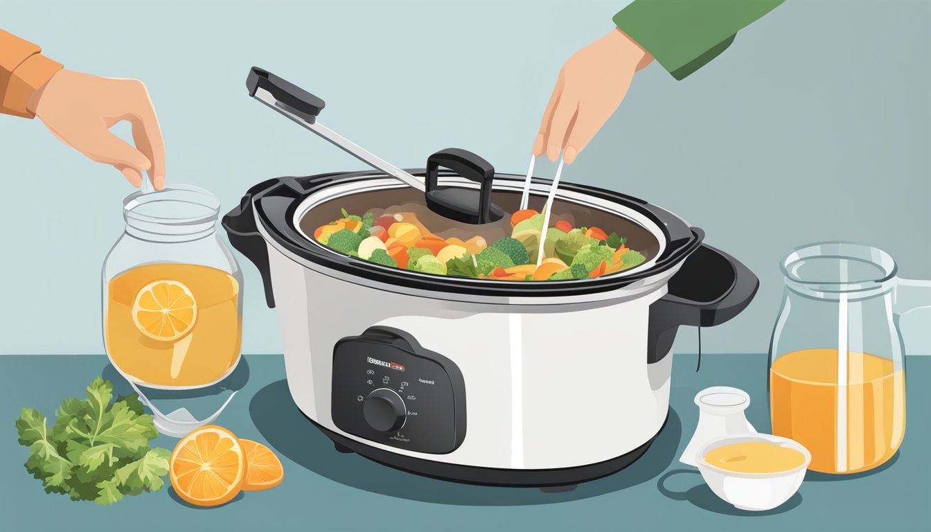 A slow cooker filled with ingredients, with a measuring cup pouring liquid into it. A hand reaching for the lid