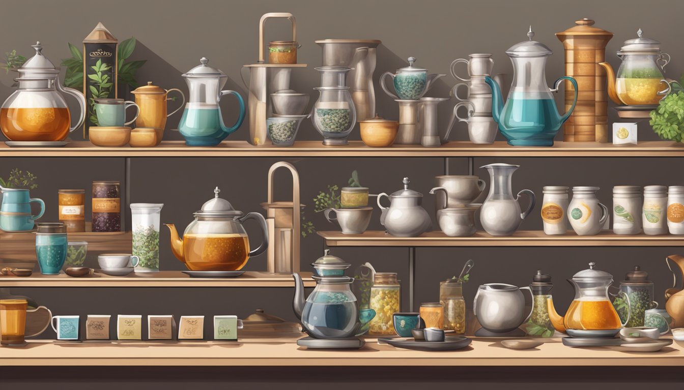 A table set with various tea brewing equipment surrounded by shelves of different tea brands and flavors