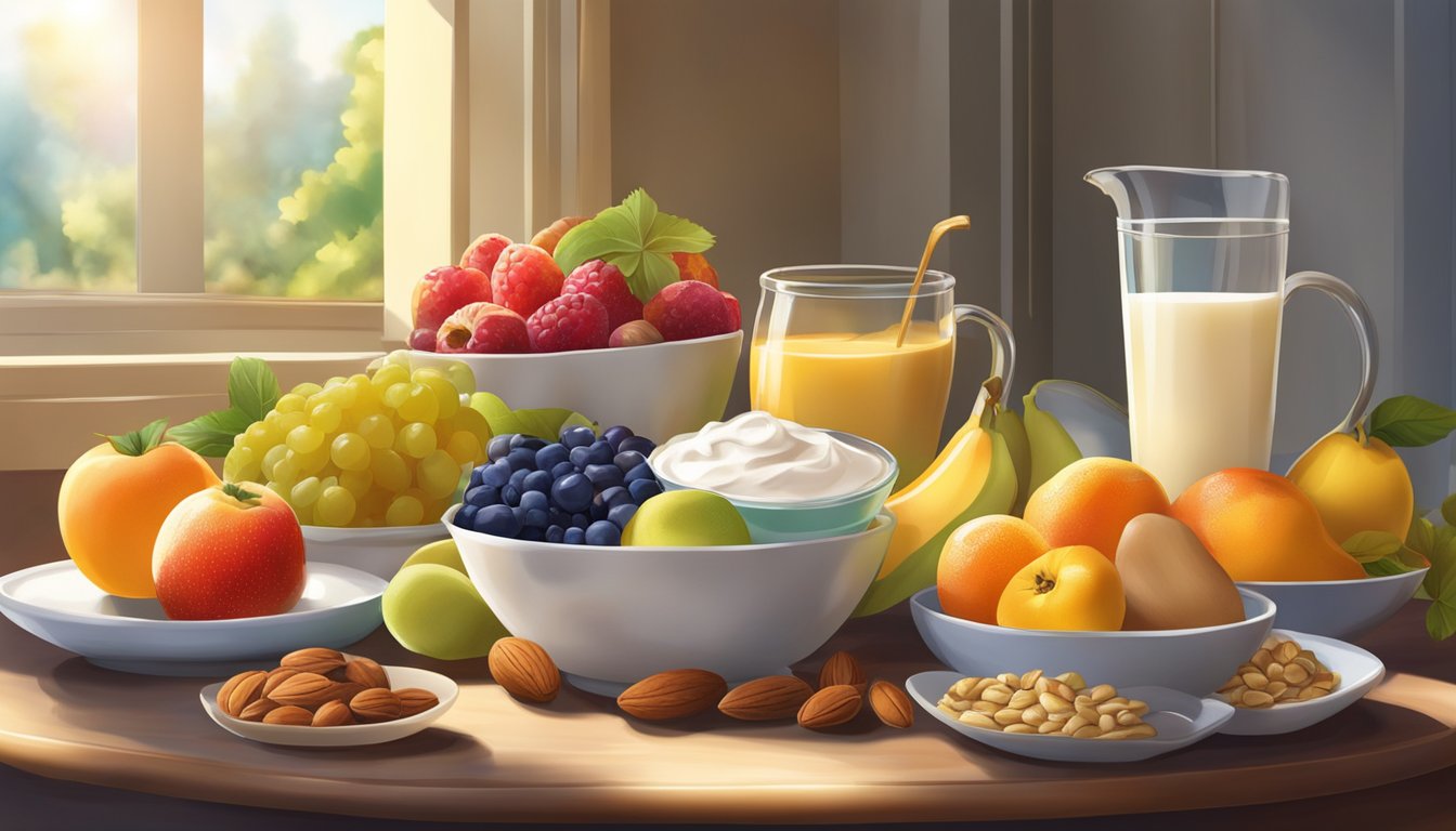 A table set with a colorful array of fruits, nuts, grains, and yogurt, surrounded by morning sunlight streaming through a window