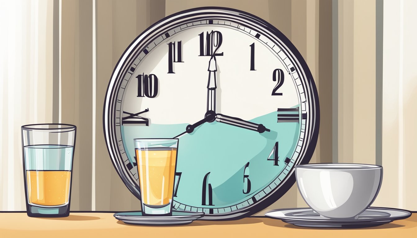 A clock showing 7PM and another showing 7AM, with an empty plate and glass of water, symbolizing the overnight fasting challenge