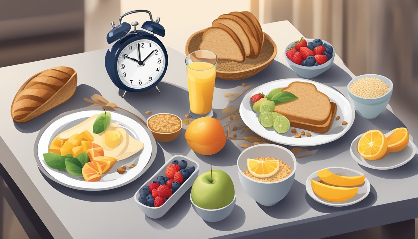 A table set with a variety of healthy breakfast options, including fruits, whole grains, and lean proteins, with a clock showing the end of a 12-hour fast