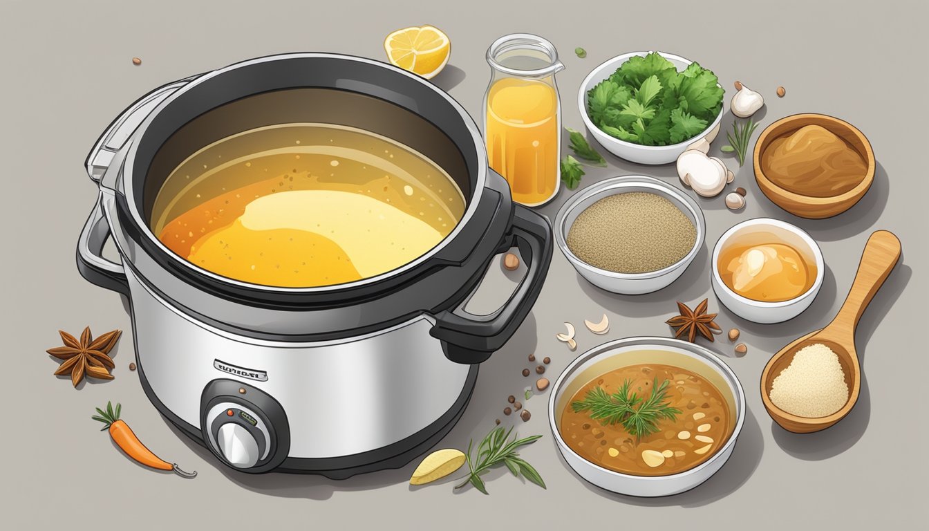 A measuring cup pouring broth into a slow cooker surrounded by various ingredients and spices