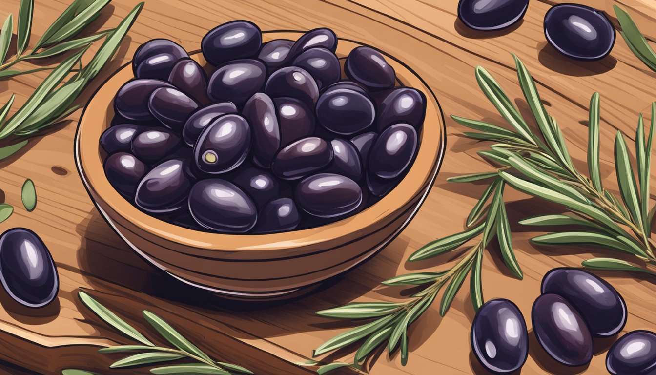 A bowl of Kalamata olives on a wooden cutting board with a sprig of rosemary and a few scattered olive leaves