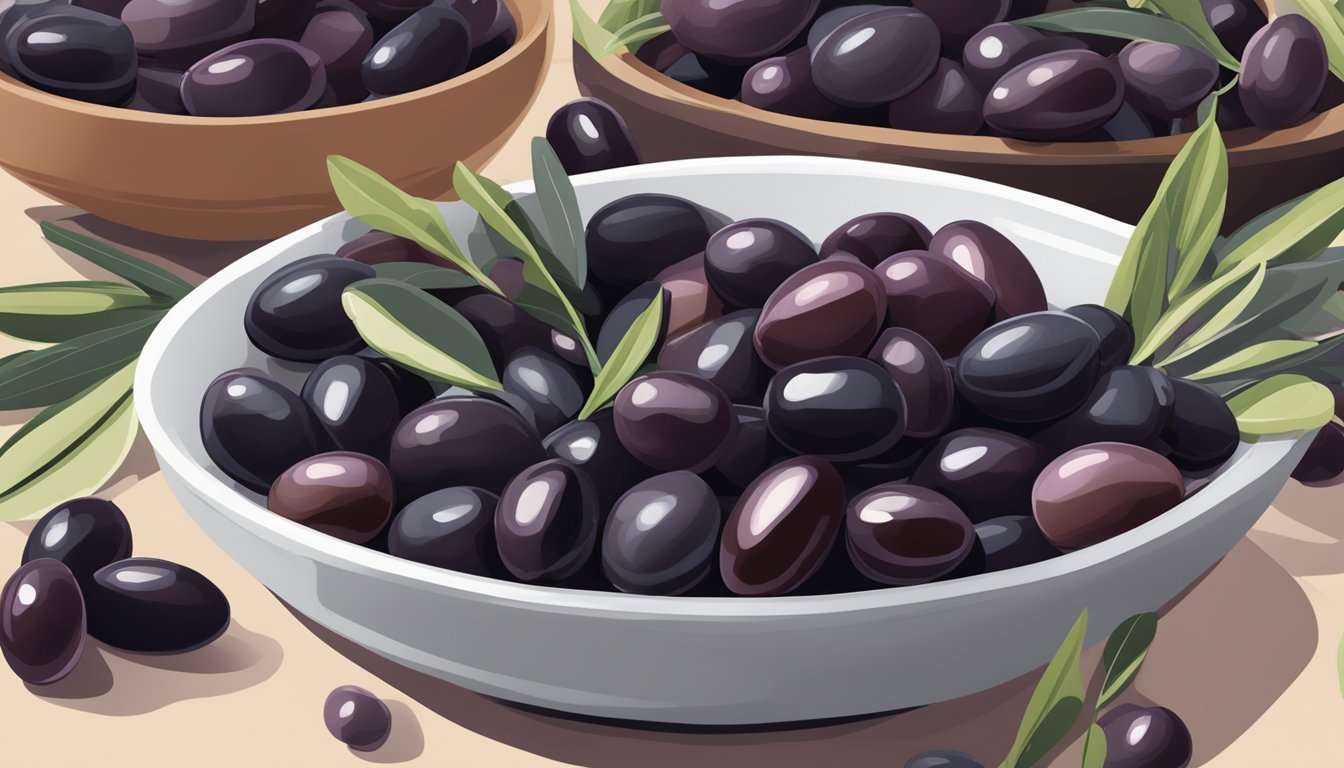 A bowl of assorted Kalamata olives, including whole and pitted varieties, with some olive leaves scattered around