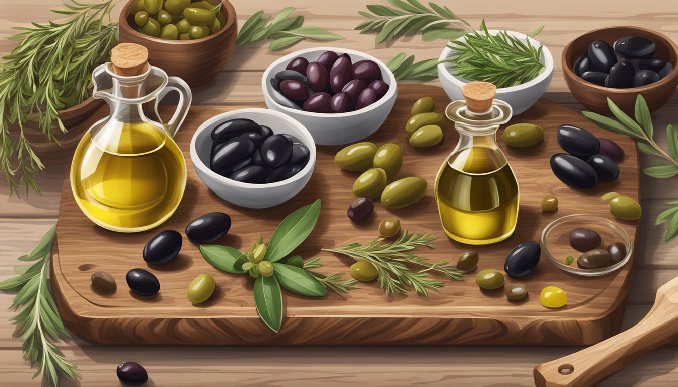 A rustic wooden cutting board holds a variety of olives, including Roland Kalamata olives, surrounded by fresh herbs and small dishes of olive oil and balsamic vinegar