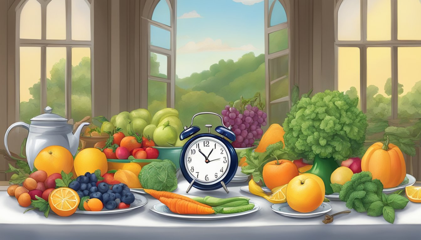 A serene table setting with a colorful array of whole fruits and vegetables, a steaming cup of herbal tea, and a clock showing a 12-hour fasting window