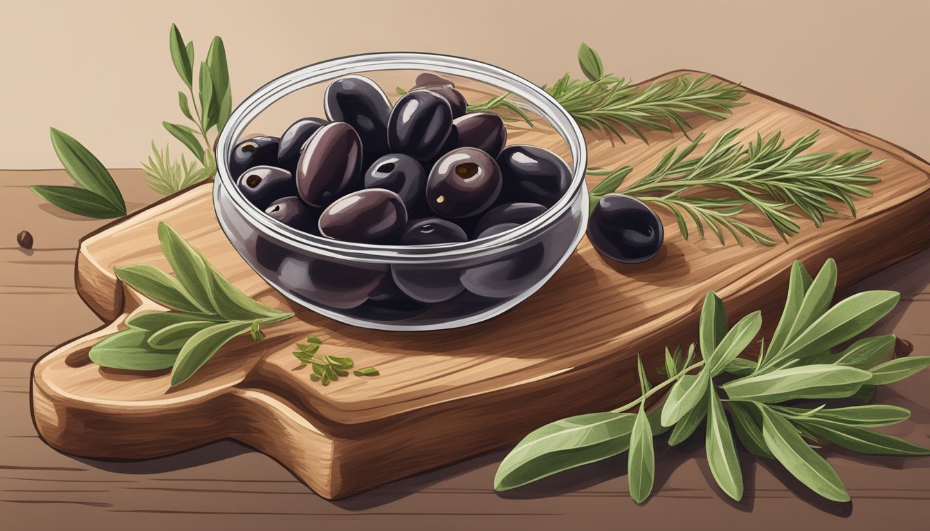 A jar of Roland Kalamata olives surrounded by fresh herbs and a rustic wooden cutting board