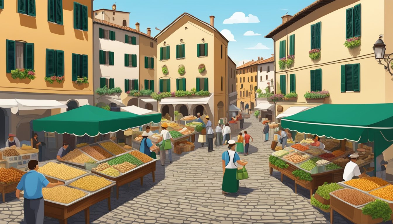 A bustling Italian marketplace with vendors selling various orecchiette pasta brands, surrounded by historic buildings and cobblestone streets