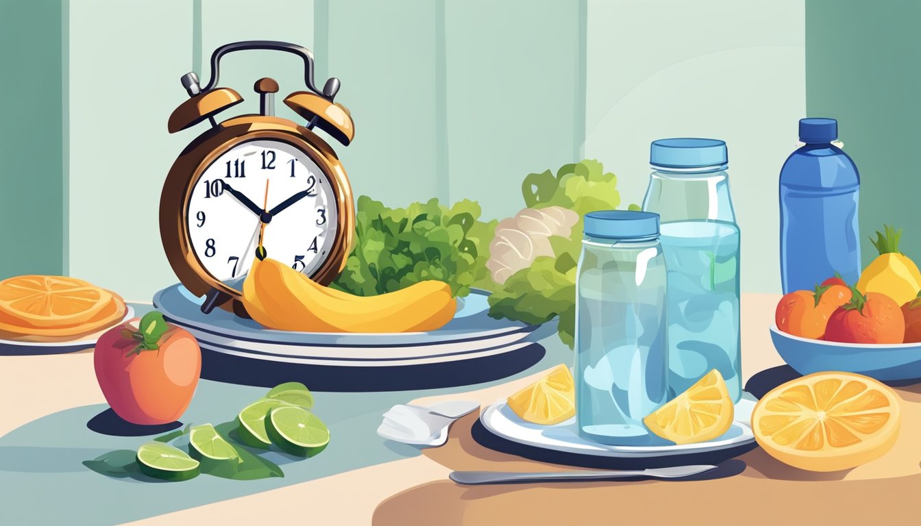 A clock showing 7 AM on a weekday, surrounded by healthy food and a water bottle. On the weekends, a balanced meal and a glass of water next to a clock showing 7 PM