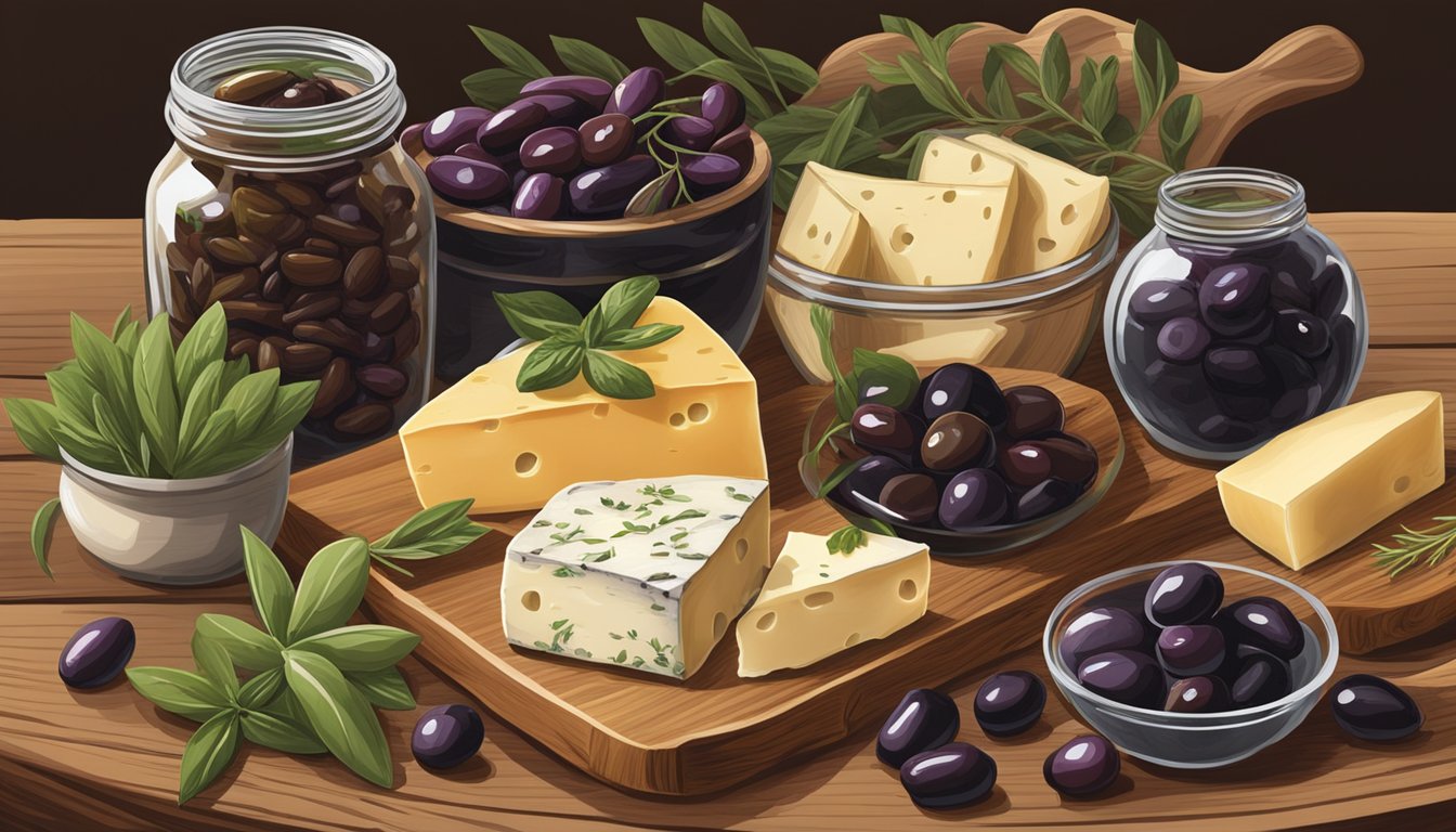 A rustic wooden table displays a variety of gourmet foods, including a jar of Roland Kalamata olives, surrounded by fresh herbs and artisanal cheeses