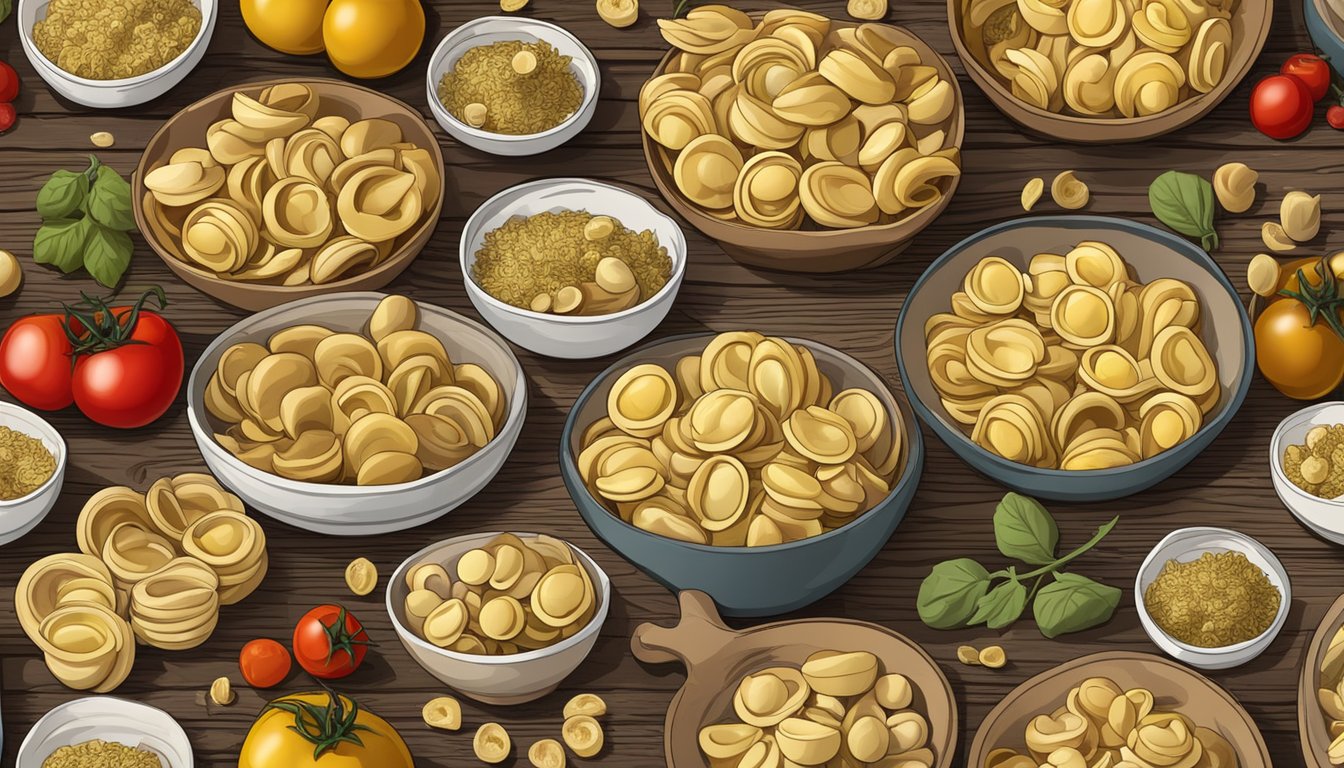 A variety of orecchiette pasta brands arranged on a rustic wooden table, surrounded by scattered dried herbs and tomatoes