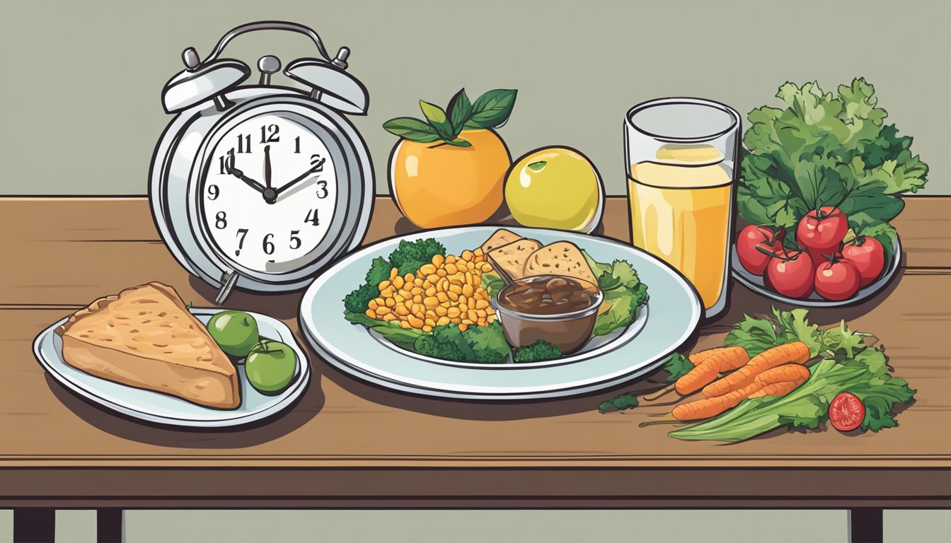 A table set with a balanced meal on one side, and a clock showing 12 hours on the other side