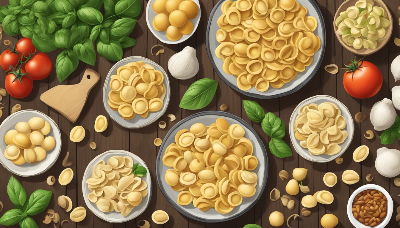 A rustic kitchen table with assorted packages of orecchiette pasta from top brands, surrounded by fresh ingredients like tomatoes and basil