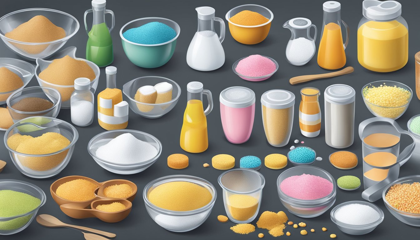 A kitchen counter with various sugar brands, measuring cups, and mixing bowls