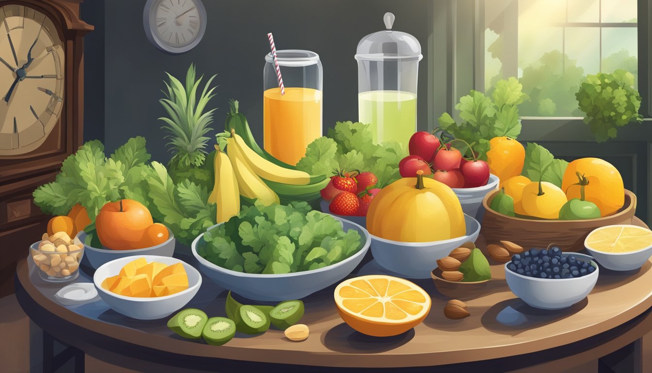 A table with a variety of healthy foods and drinks, including fruits, vegetables, nuts, and water, set against a backdrop of a clock showing 12 hours