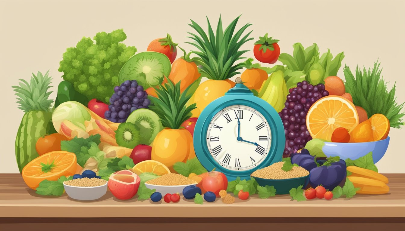 A table set with a variety of colorful fruits, vegetables, grains, and lean proteins. A clock on the wall shows the time at 12 hours