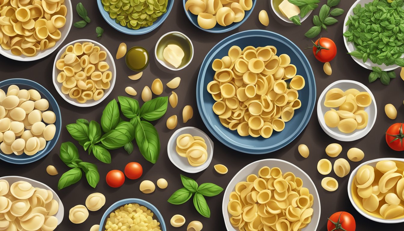 A variety of orecchiette pasta brands displayed on a wooden table, surrounded by ingredients like tomatoes, basil, and olive oil