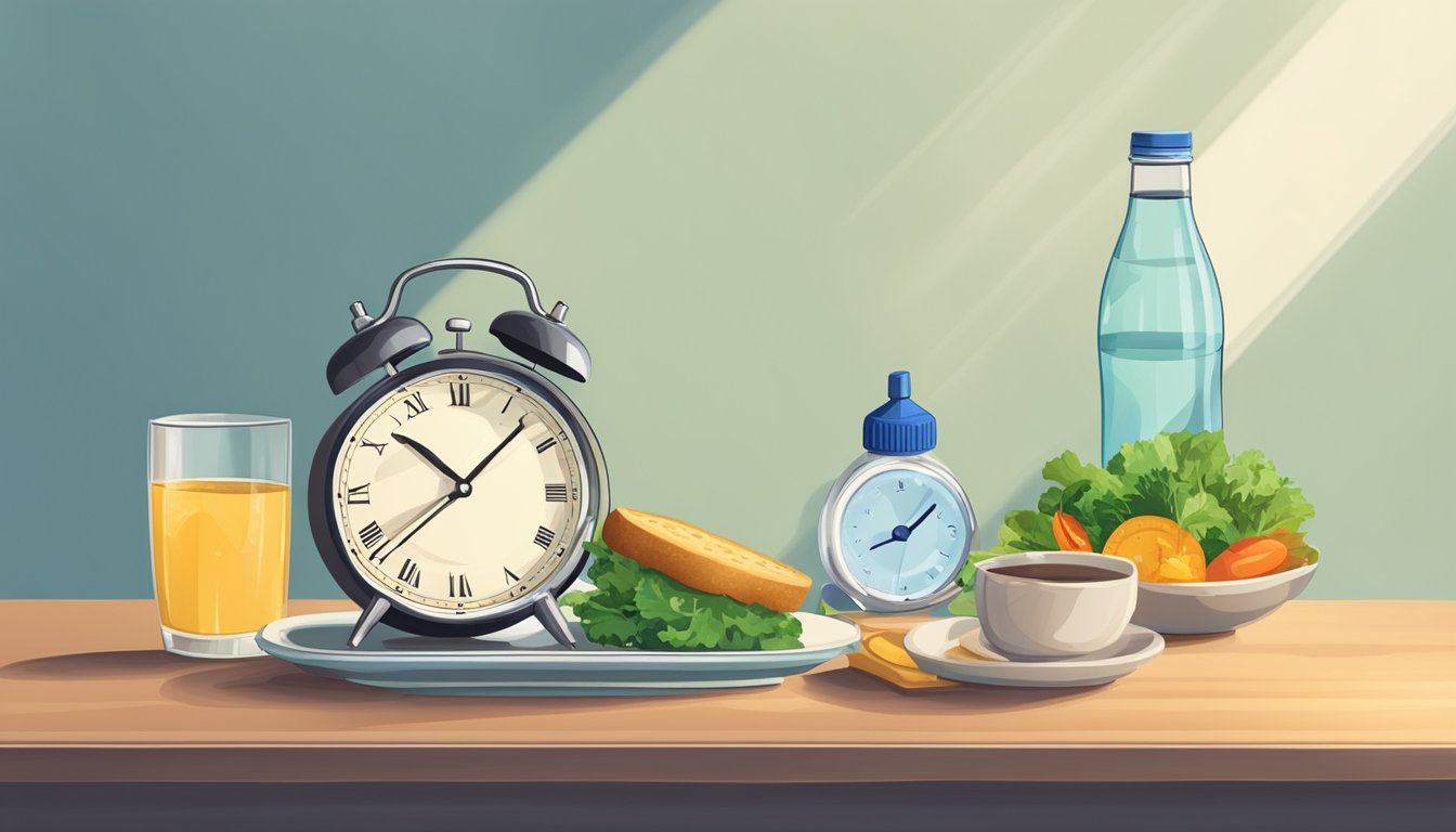 A clock showing 7 AM on a Monday morning with a plate of food and a water bottle beside it