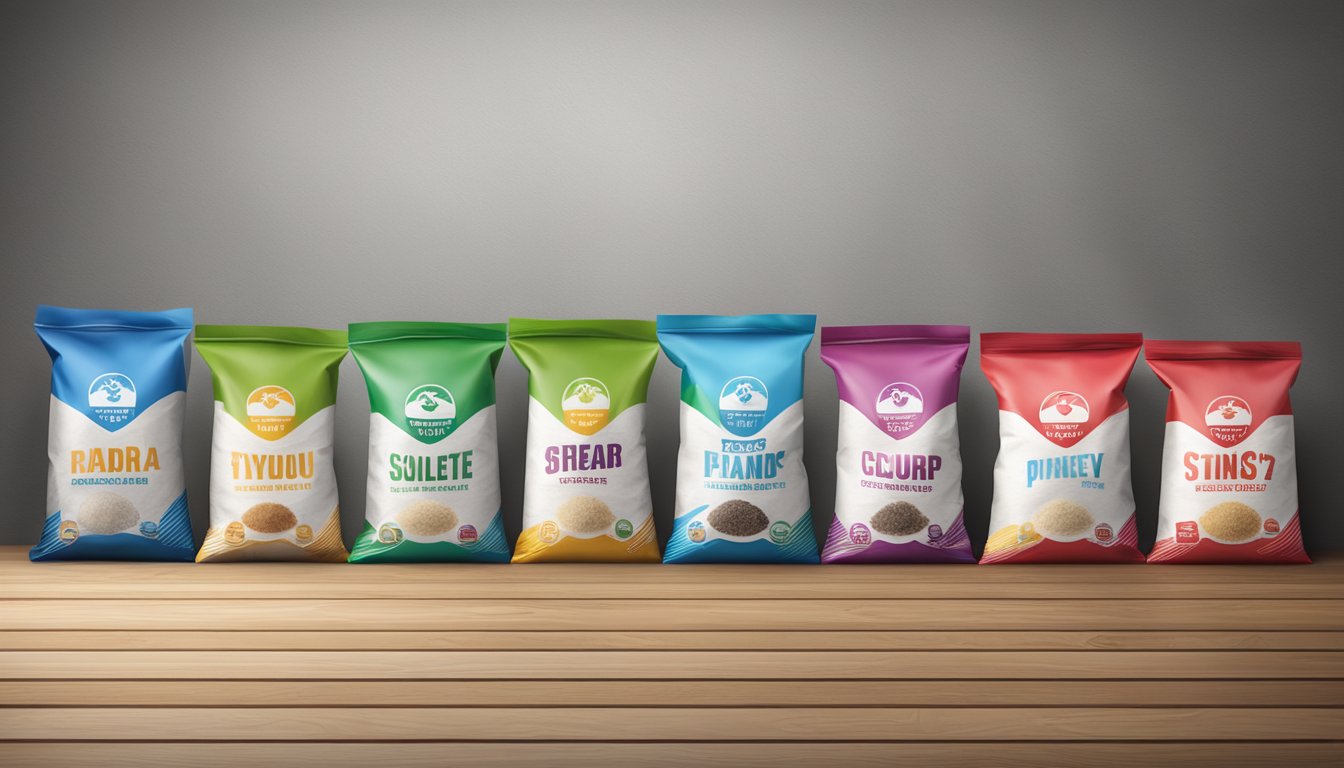 A variety of flour bags arranged on a wooden table, with different brand logos visible