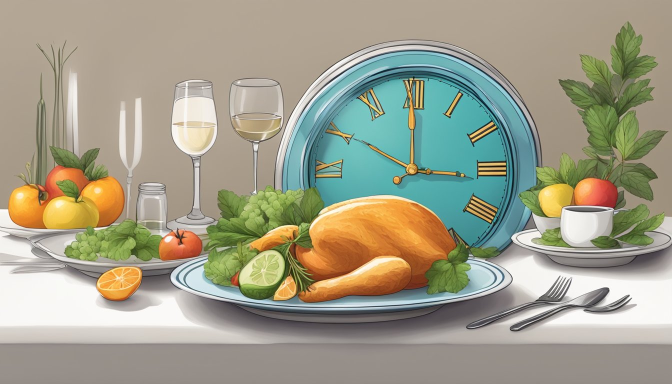 A serene table setting with a plate of colorful, whole foods surrounded by a clock showing a 12-hour fasting window