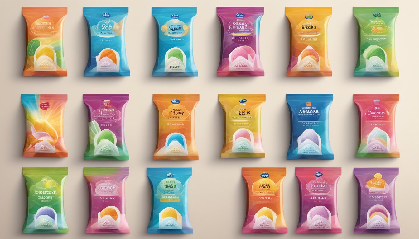 A row of colorful sugar packets lined up neatly on a shelf, each bearing a different brand logo and label