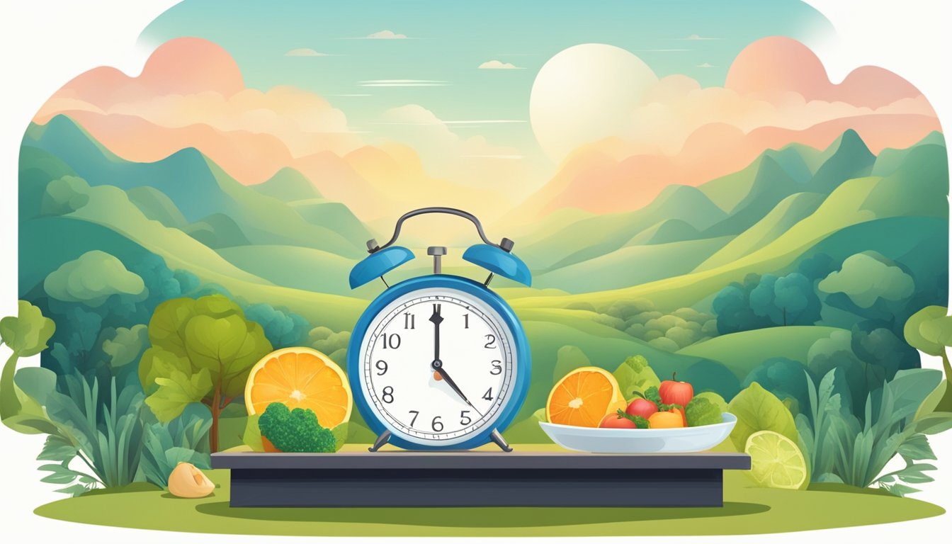 A serene landscape with a scale representing balance, surrounded by healthy food and a clock showing a 12-hour fasting period