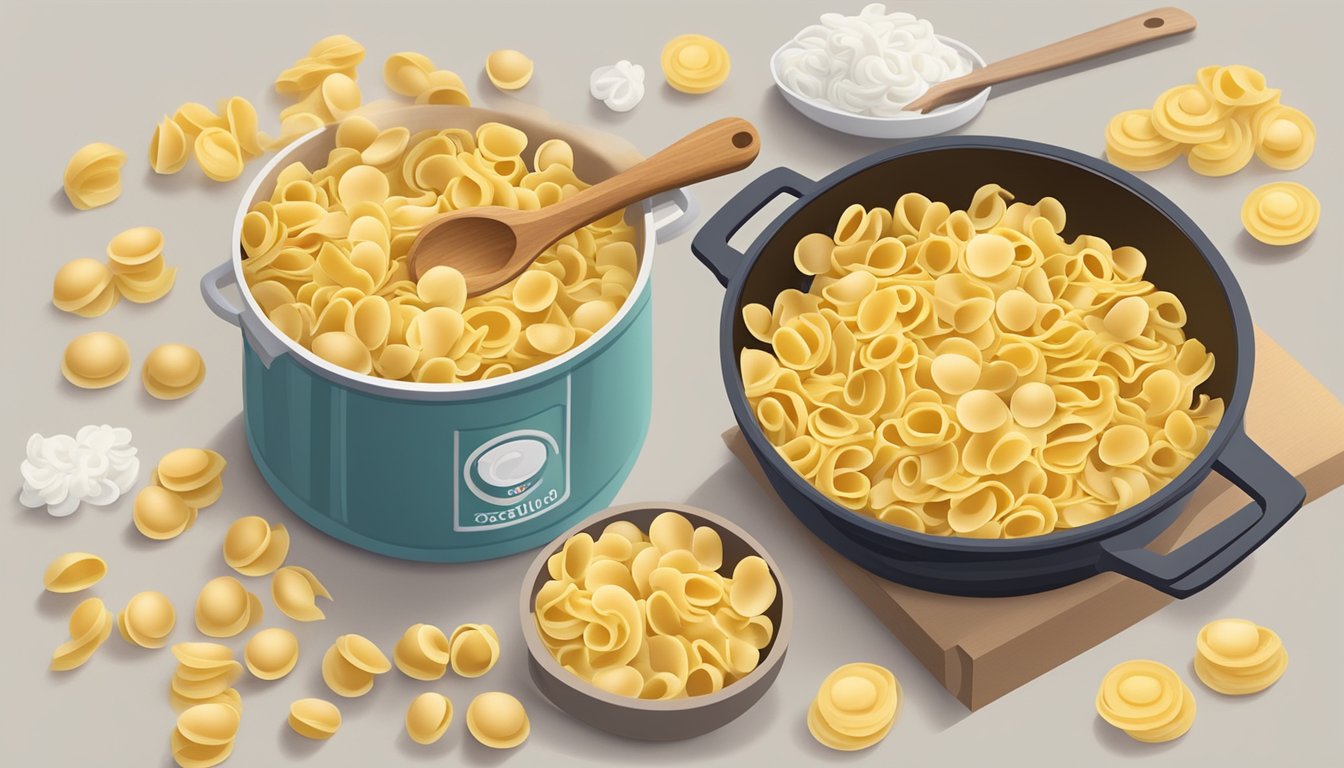 A pot of boiling water with orecchiette pasta, a wooden spoon, and a box of various pasta brands scattered on the counter