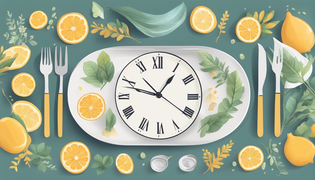 A serene table setting with a clock showing 12-hour fasting period, surrounded by mindful eating symbols and natural elements