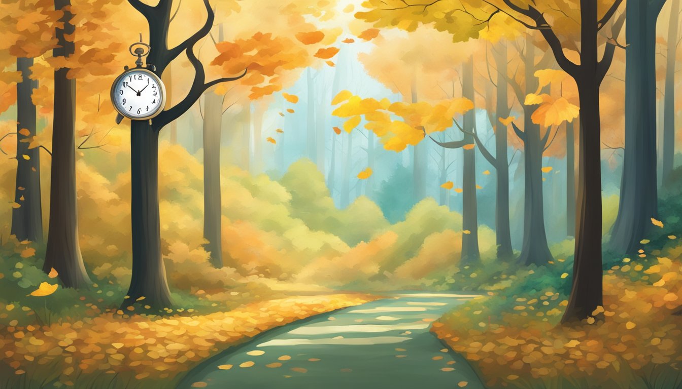 A serene forest with changing leaves, depicting the transition of seasons throughout the year, with a clock showing 12 hours