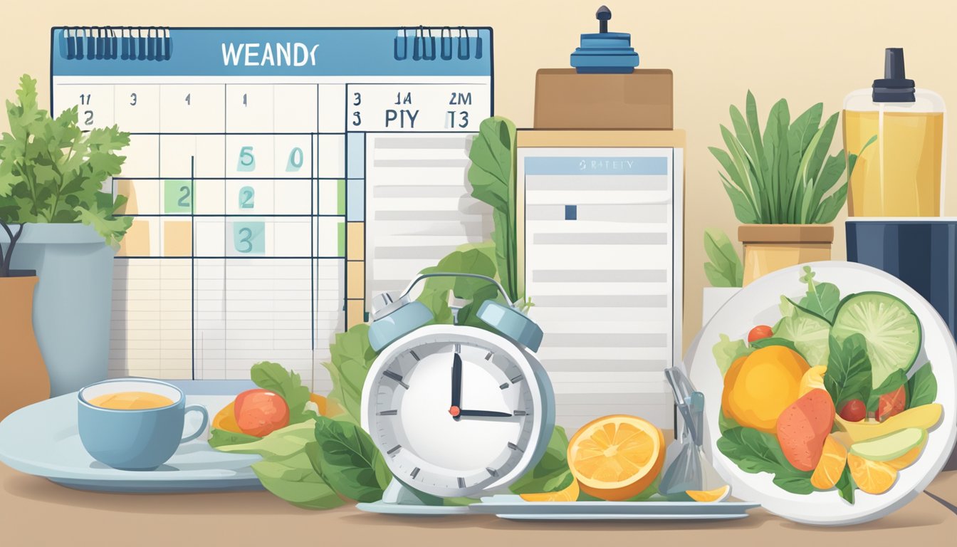 A clock showing 7 AM on a weekday, with a plate of healthy food and a water bottle next to it. A calendar with weekends highlighted in the background