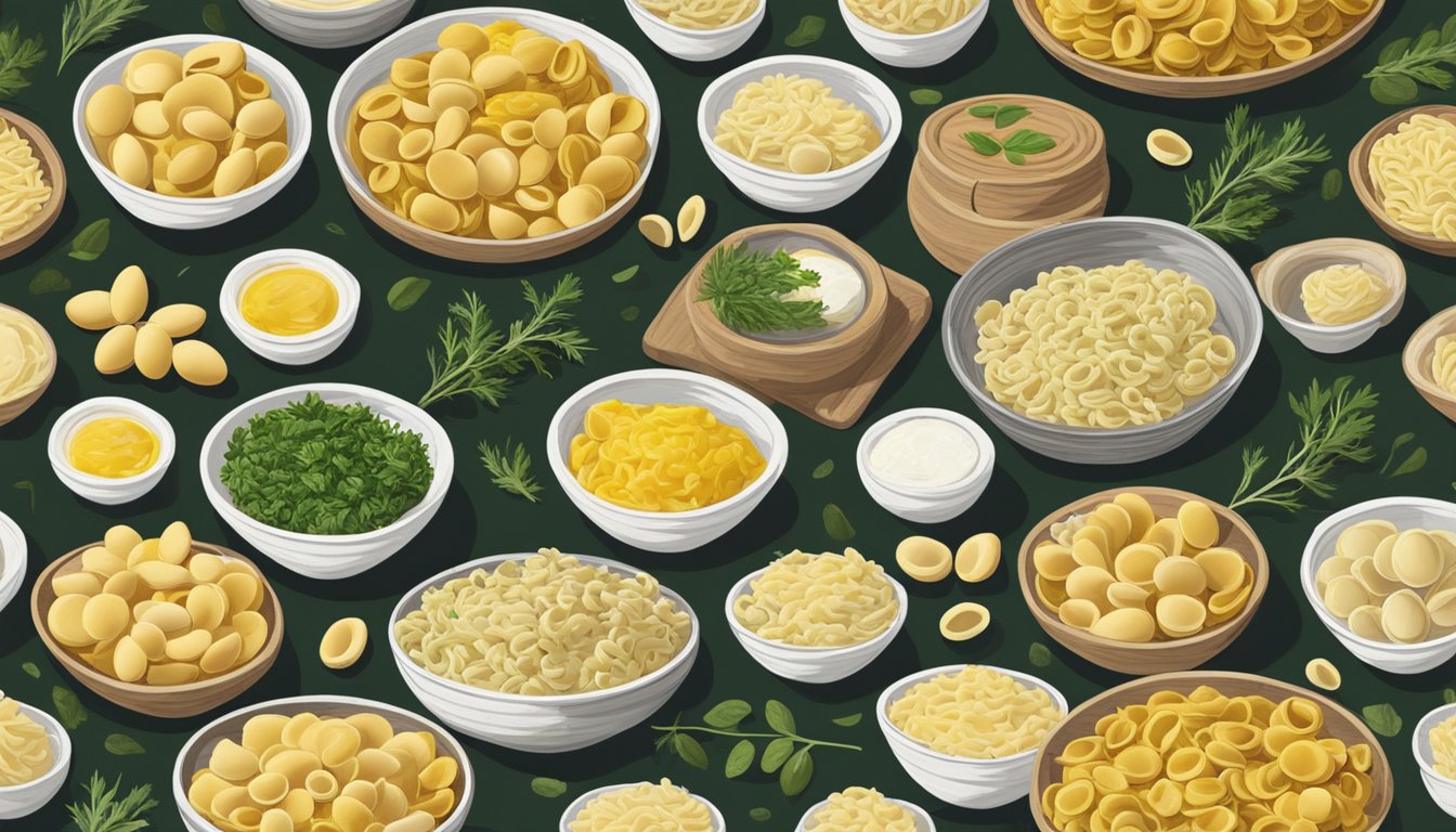 A rustic kitchen table displays a variety of orecchiette pasta brands, surrounded by jars of fresh herbs, olive oil, and Parmesan cheese