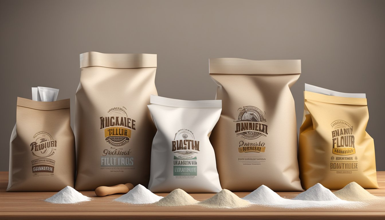 A variety of flour bags stacked on a wooden table, each with a different brand name and type of flour, surrounded by baking utensils and ingredients