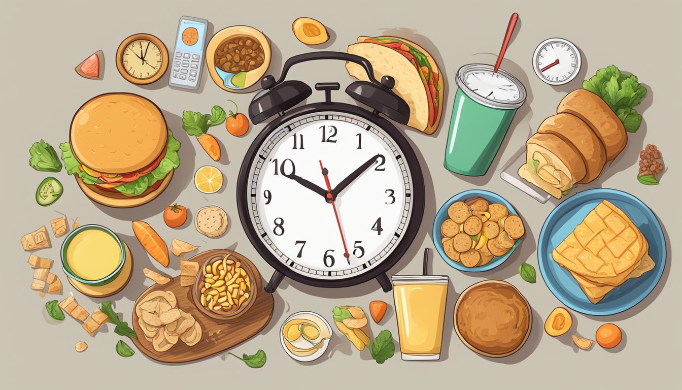 A clock showing 12-hour fasting on a weekday, surrounded by balanced meals and snacks on a weekend