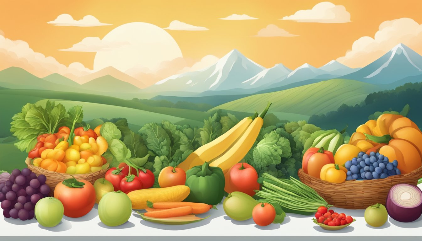 A table with a variety of seasonal fruits and vegetables, surrounded by changing scenery to represent different times of the year