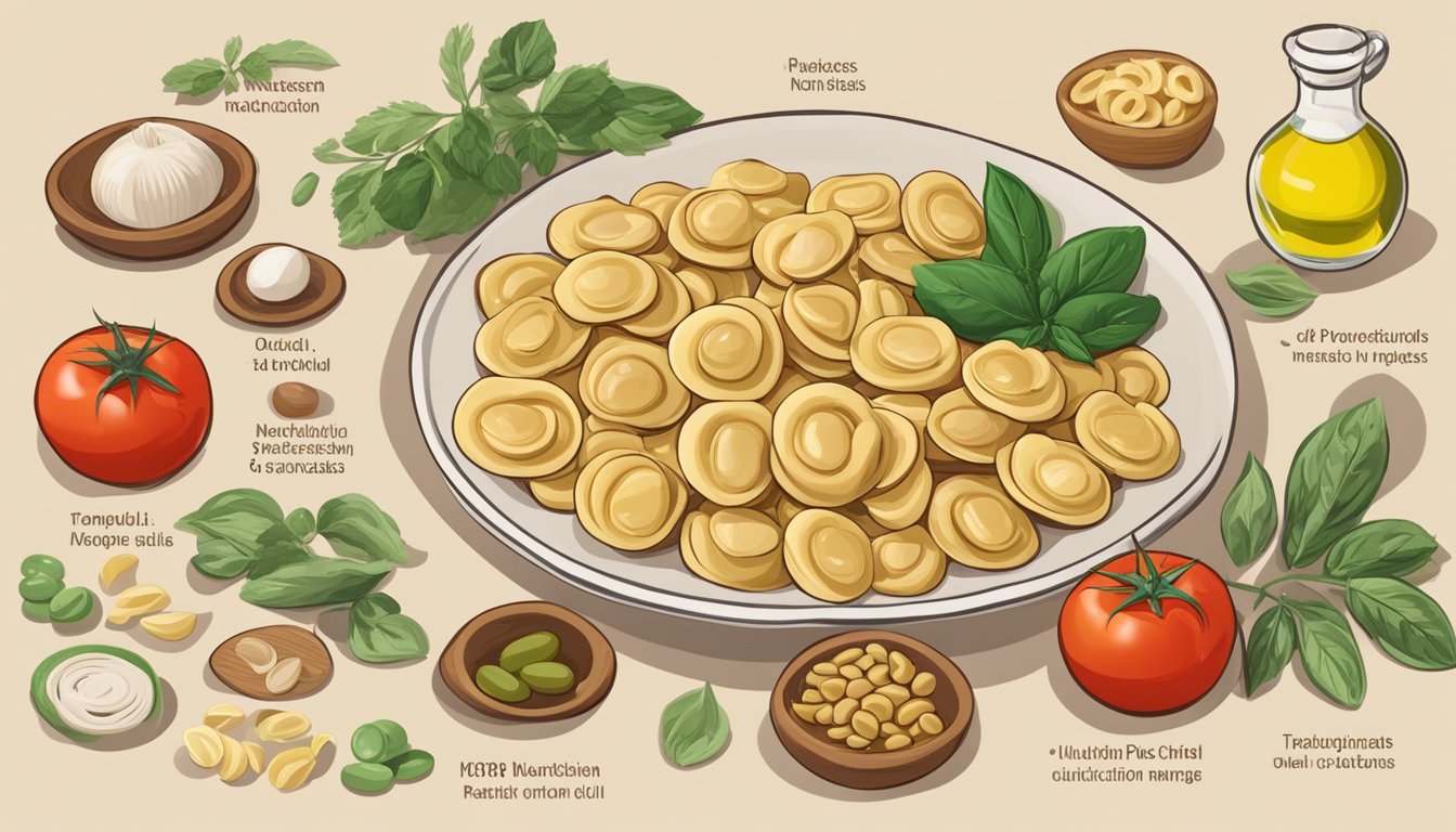 A table with various orecchiette pasta brands, surrounded by ingredients like tomatoes, olive oil, and herbs. A nutrition label is prominently displayed