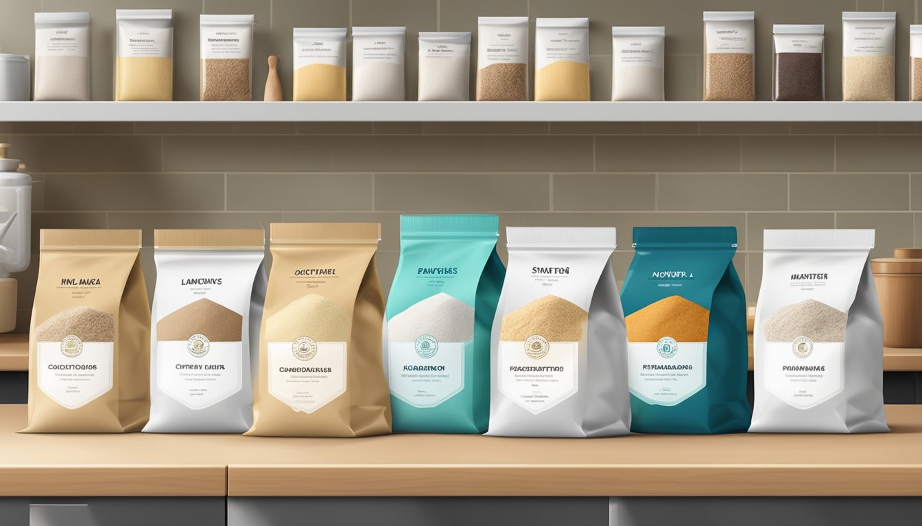 A variety of flour bags arranged on a kitchen counter, with labels indicating different health and dietary considerations