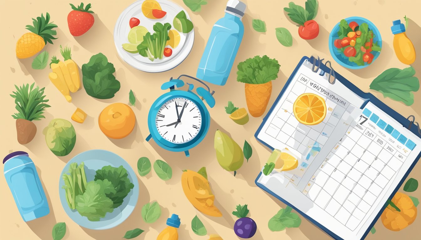 A clock showing 7 PM on a weekday, surrounded by healthy food and a water bottle. A calendar with weekends highlighted in the background