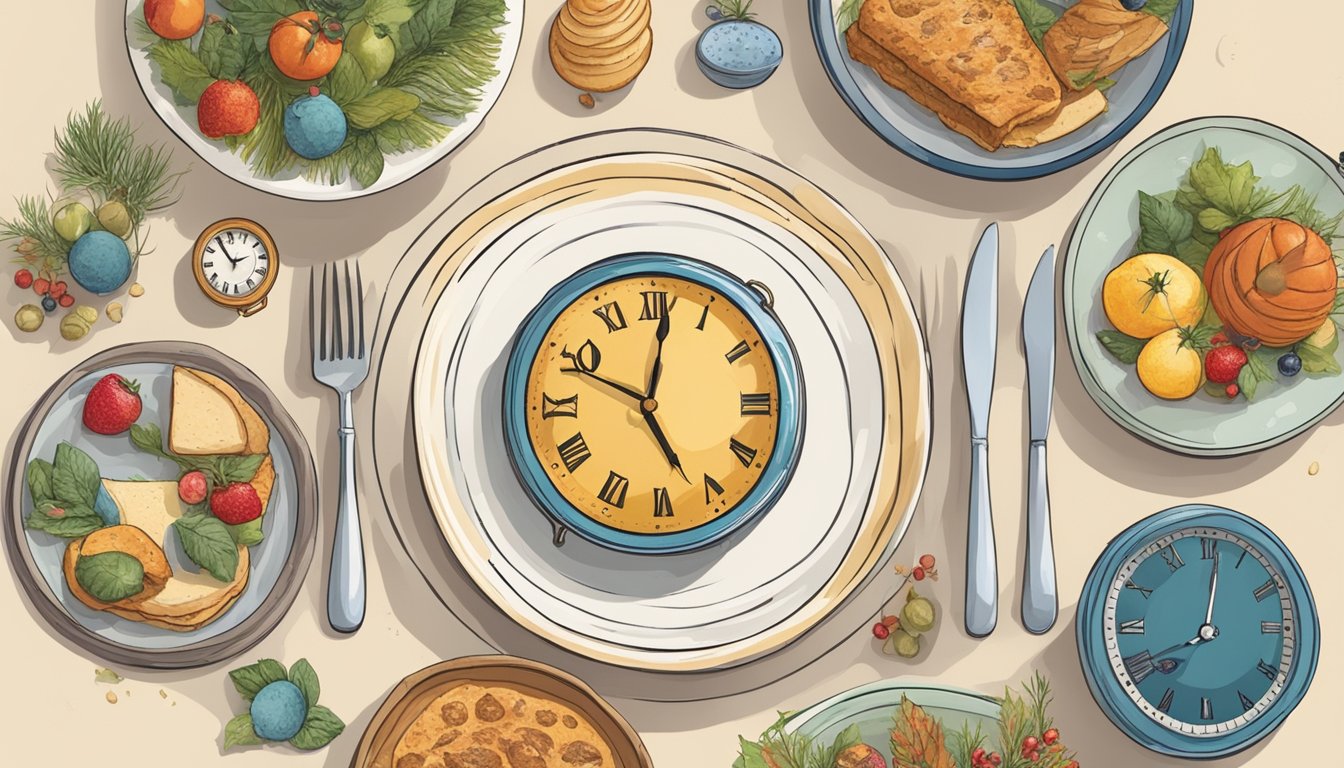 A table with a plate of food, a clock showing different times of day, and various seasonal decorations to represent different times of year