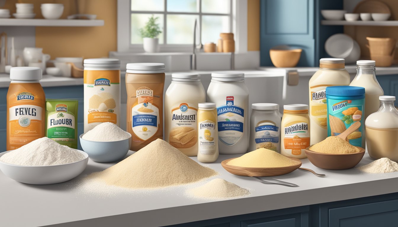 A variety of flour brands arranged neatly on a kitchen counter, with baking tools and ingredients in the background