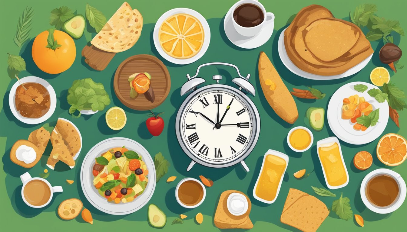 A table with various types of food and drink placed around a clock, symbolizing different seasonal shifts and the adjustment of a 12-hour fast