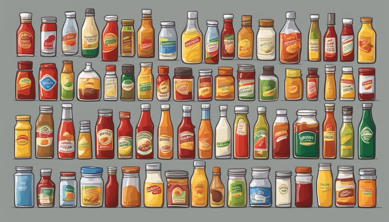 A table filled with various condiment bottles and jars, including ketchup, mustard, mayonnaise, hot sauce, and relish, neatly arranged with colorful labels