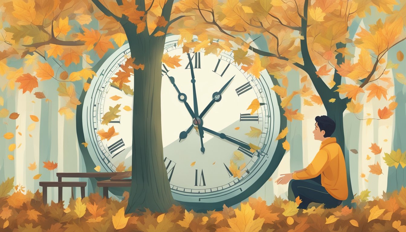 A serene forest with changing leaves, a clock showing different times, and a person adjusting their fasting schedule based on the season