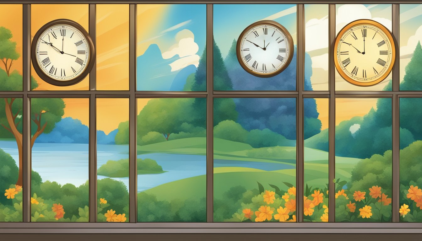 A clock showing different times of day with changing natural scenery outside a window, depicting seasonal shifts