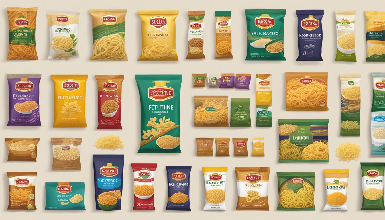 A table with various fettuccine brands arranged neatly, with different textures, colors, and packaging displayed