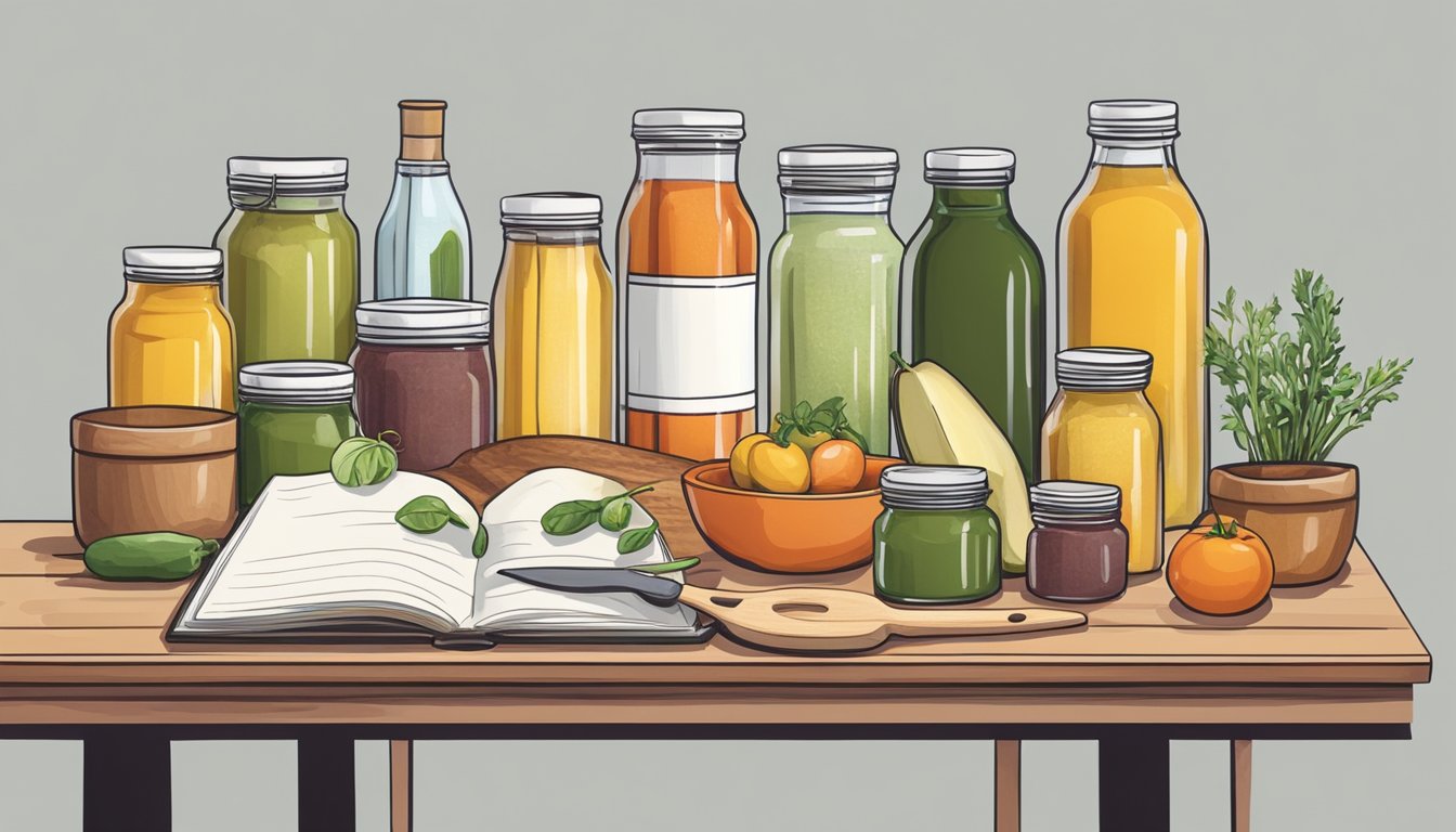 A kitchen counter with various condiment bottles and jars arranged neatly next to a cookbook and a cutting board with fresh ingredients